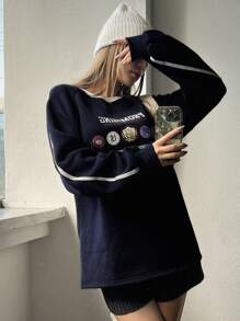 Dazy Star Women's Slogan Print Raglan Sleeve Sweatshirt,Fall Clothes - Navy Blue - View 1