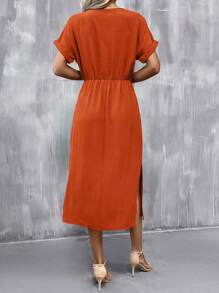 SHEIN Clasi Batwing Sleeve Knot Front Split Thigh Dress