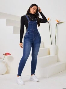 SHEIN Privé Túi nghiêng Quần yếm Denim Without Top - Rửa tối - Xem 3