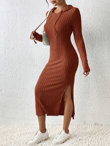 SHEIN Frenchy Quý cô Màu thuần Đầm có mũ Với Cao Bên Khe Và Dây rút - Rỉ Nâu - Xem 3