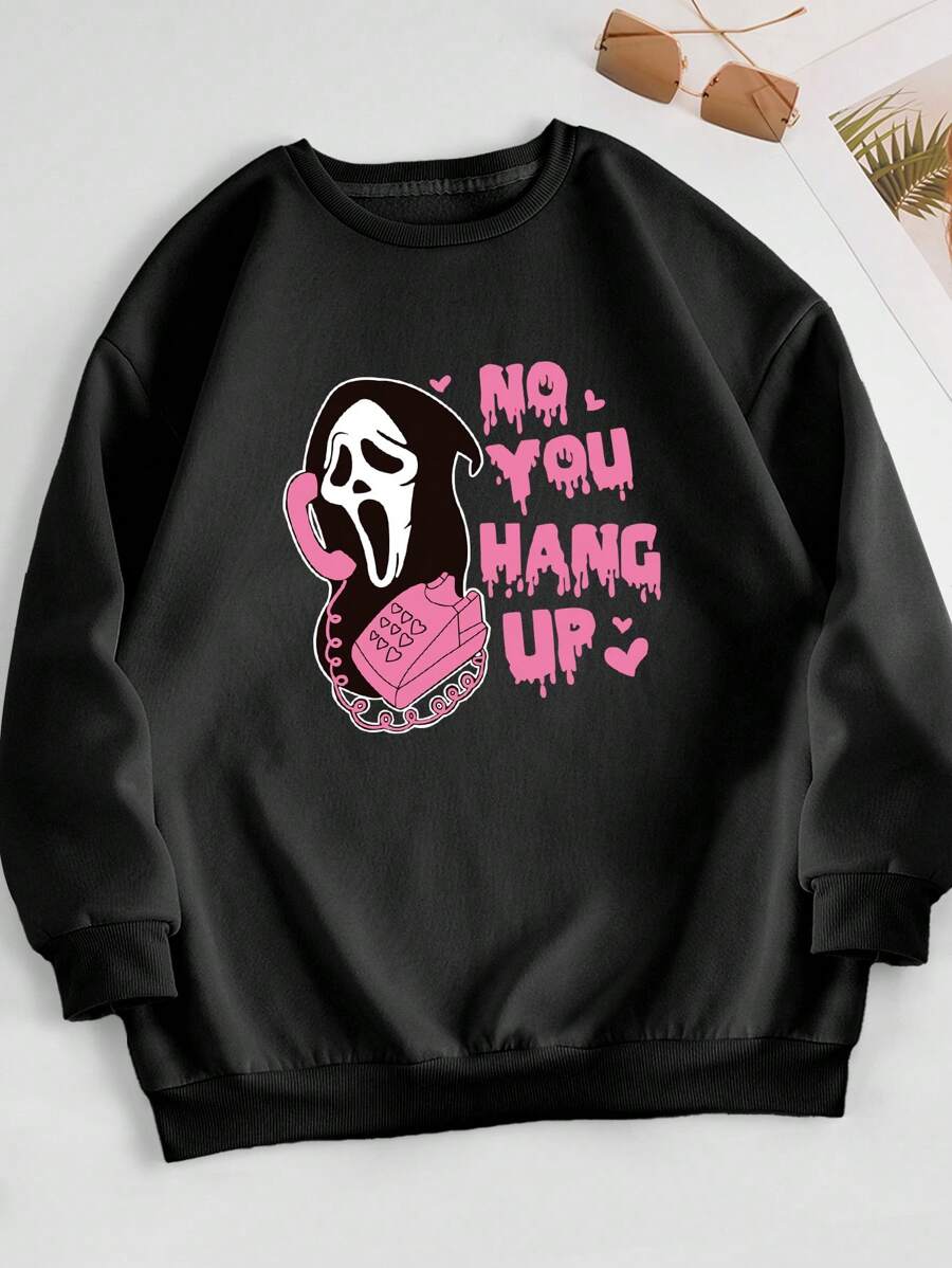 SHEIN EZwear 大尺寸卡通字母印花圓領運動衫 - 黑色 - 查看 1