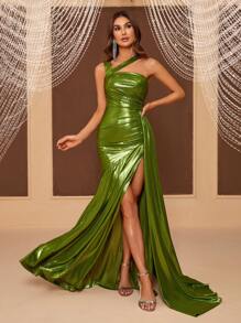 SHEIN Belle 女士不对称涂层面料、褶皱正式晚礼服 - 綠色 - 查看 8