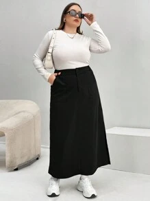 SHEIN Essnce 大碼斜口袋開衩短裙 - 黑色 - 查看 6