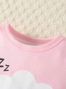 SHEIN 嬰兒女童絨布舒適卡通印花長袖汗衫和褲子套裝,緊身家居服