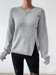 Chiquease Button Detail Drop Shoulder Split Hem Knit Pullover Fall Winter Sweater - Light Grey - View 3