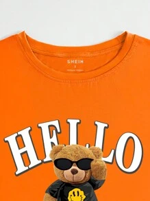 SHEIN Bear & Letter Printed T-Shirt Graphic Tees Women Tops - Orange - View 3