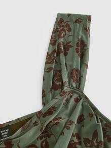 SHEIN MOD 加大碼花卉印花打褶肩帶上衣 - 軍綠色 - 查看 3