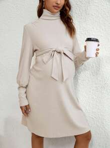 SHEIN 附腰帶高領純色孕婦連身裙 - 杏色 - 查看 5