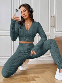 SHEIN EZwear 休閒貼布 交叉 羅紋針織字母女士兩件套 - 霧霾藍 - 查看 6