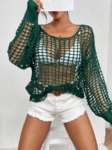 SHEIN Essnce Hollow Out Drop Shoulder Sweater Without Bra - Army Green - View 1