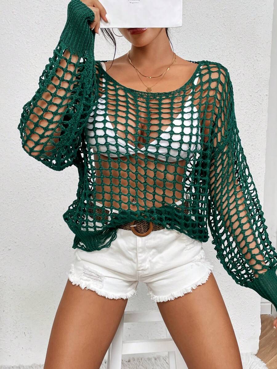 SHEIN Essnce Hollow Out Drop Shoulder Sweater Without Bra - Army Green - View 1