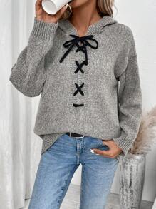 SHEIN Essnce 前繫帶落肩袖連帽套頭毛衣 - 深灰色 - 查看 6