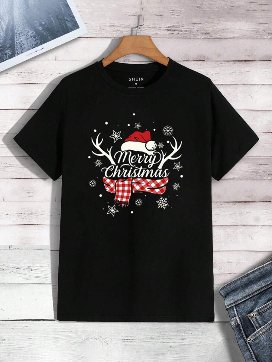 RueChic 100%Cotton Men's Round Neck Christmas Printed T-Shirt - Black - View 1