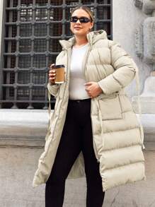 SHEIN Cottnline Plus Size Drawstring Waist Hooded Puffer Coat With Flap Pockets And Zipper - Apricot - View 6