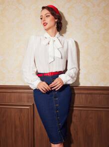 Vintamour Tie Neck Lantern Sleeve Blouse - White - View 3