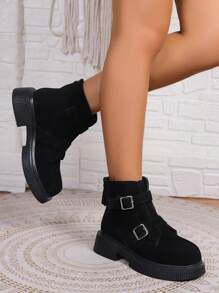 女士粗跟雙扣帶踝靴,時尚英倫風格,多功能設計,黑色 - 黑色 - 查看 4