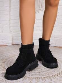 女士粗跟雙扣帶踝靴,時尚英倫風格,多功能設計,黑色 - 黑色 - 查看 5