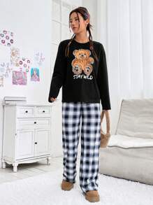 SHEIN EZwear 女士卡通熊與字母印花上衣與格子褲套裝 - 彩色 - 查看 4