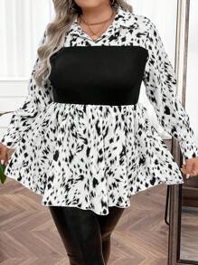 SHEIN CURVE+ Plus Graphic Print 2 In 1 Peplum Top - Black and White - View 4