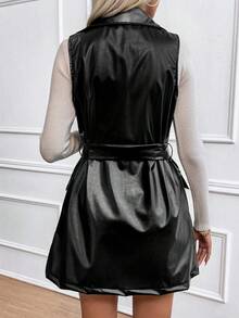 SHEIN Privé Đôi ngực Thắt lưng chất liệu da PU Áo khoác Vest Without Tee - màu đen - Xem 2