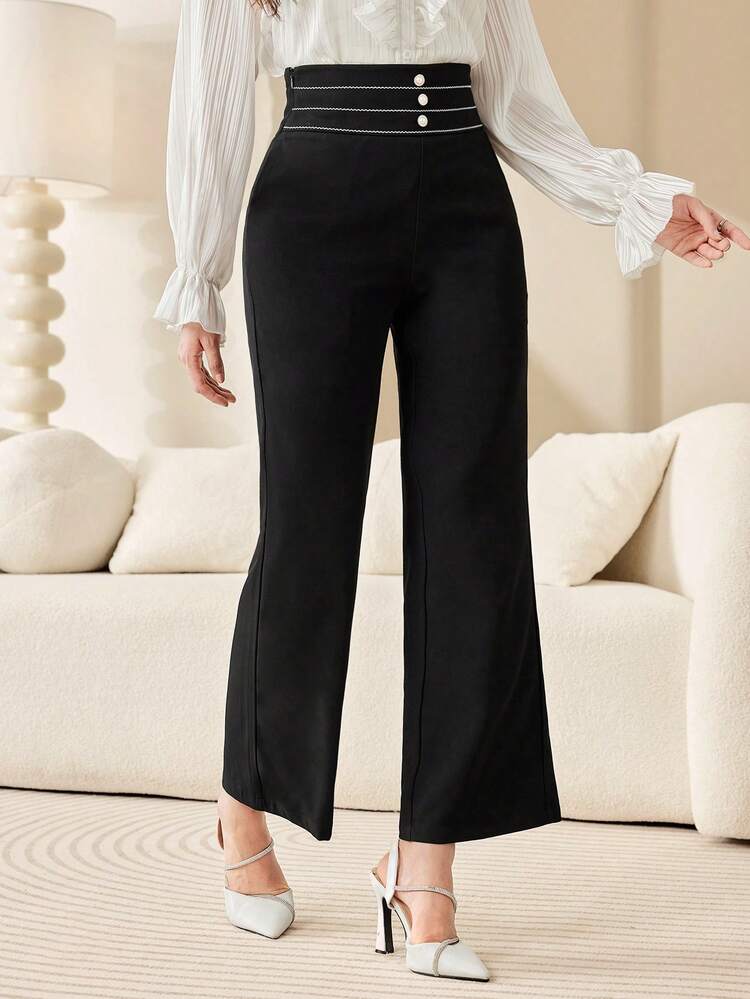 Women's High Waisted Wide Leg Pants With Button Detail