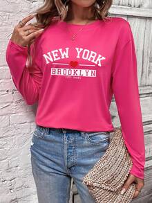 SHEIN Essnce Của phụ nữ Thả vai Tay áo dài Áo thun Với In thư - Màu Hồng Tươi - Xem 3