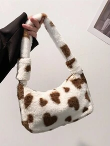 ROMWE Kawaii Heart Graphic Fluffy Hobo Bag - Brown - View 6