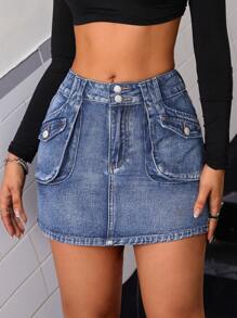 SHEIN ICON Flap Pocket Denim Skirt - Dark Wash - View 5