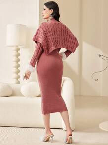 Modelyn Fuzzy Cuff Cable Knit Cape Sweater Dress - Dusty Pink - View 4