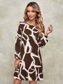 RueChic Elegant DressesCrew Neck Long Sleeve Leopard Print Drawstring Waist Short Casual Dress, Vacation - Brown - View 1