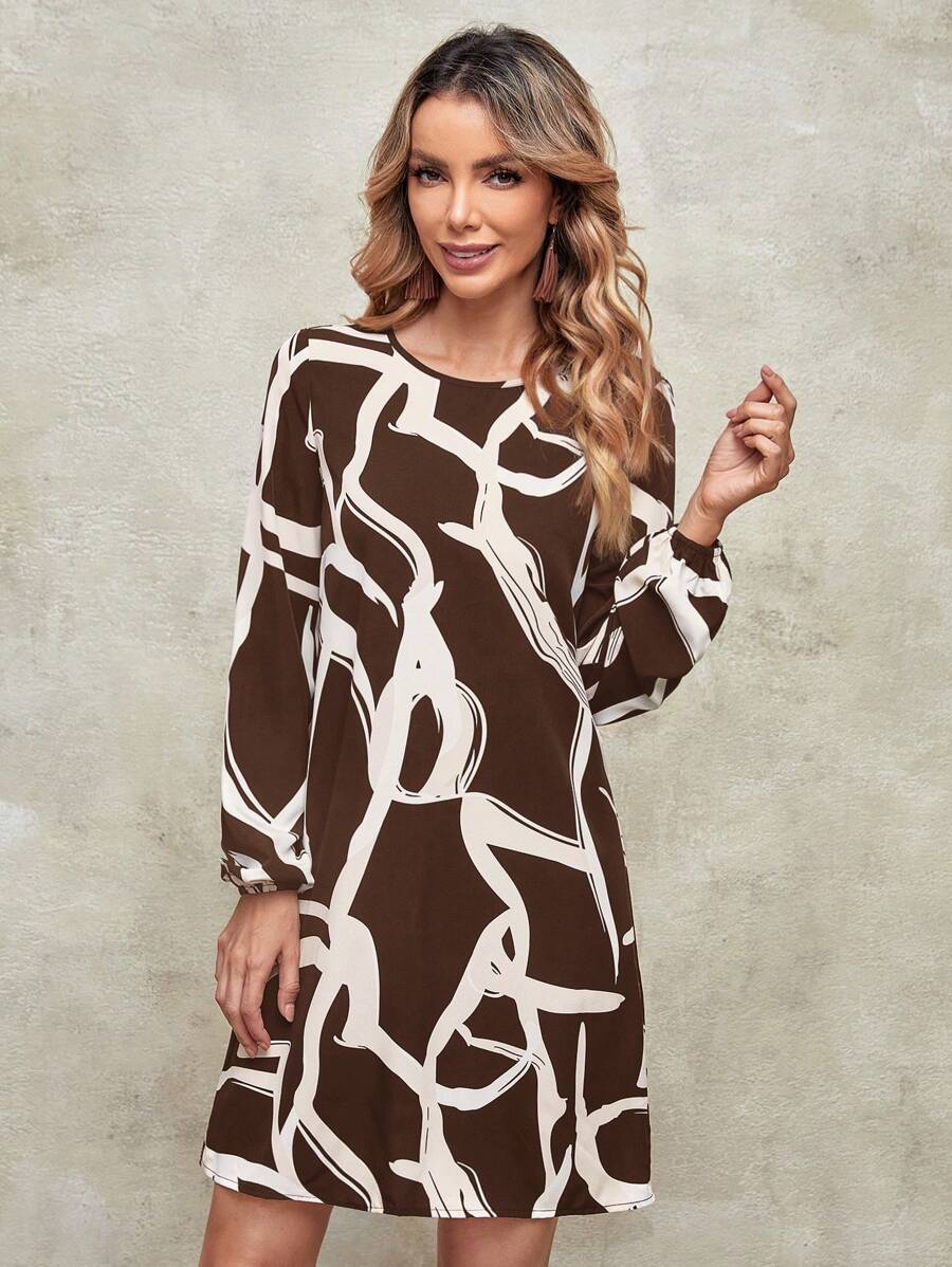 RueChic Elegant DressesCrew Neck Long Sleeve Leopard Print Drawstring Waist Short Casual Dress, Vacation - Brown - View 1
