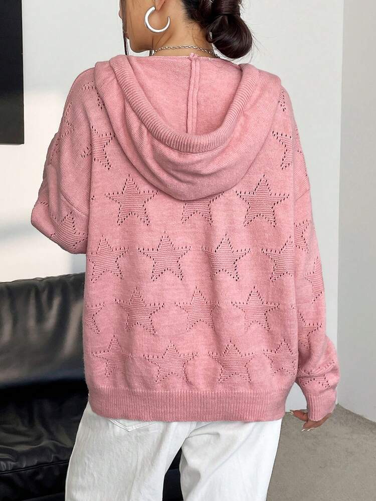 Star Pattern Drop Shoulder Drawstring Hooded Pointelle Knit Pullover Fall Winter Sweater