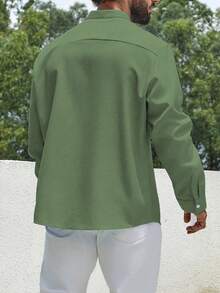 Manfinity Homme 男士大尺寸純色捲袖立領襯衫 - 墨綠色 - 查看 2