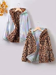 SHEIN Tween Girl 1pc Leopard Print Reversible Hooded Coat - Khaki - View 1