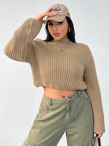 SHEIN EZwear 大碼小高領喇叭袖套頭毛衣 - 卡其色 - 查看 4