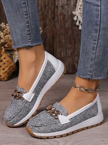 New Spring Autumn Fashionable Plus Size Color Block Flat Loafers With Metal Chain Detail For Women's Casual & Sports Wear