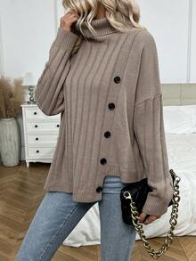 SHEIN LUNE Áo cao cổ Chi tiết Nút Thả vai Viền không đối xứng Áo len - Cà phê nâu - Xem 6