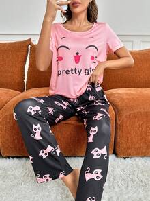 Women's Cartoon Letter Print Pajama Set - Pink - View 5