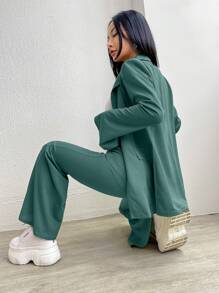 SHEIN EZwear 女性mass色鑲邊領葉套裝外套和喇叭褲套裝 - 薄荷綠 - 查看 2
