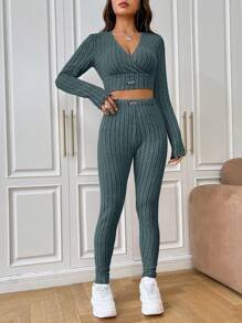 SHEIN EZwear 休閒貼布 交叉 羅紋針織字母女士兩件套 - 霧霾藍 - 查看 3