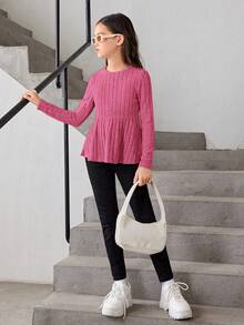 SHEIN 少女纯色长袖 T 恤，带荷叶边下摆 - 玫紅色 - 查看 6
