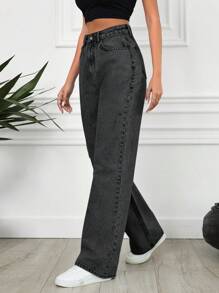 SHEIN Cottnline Women's Straight Leg Jeans - Dark Grey - View 4