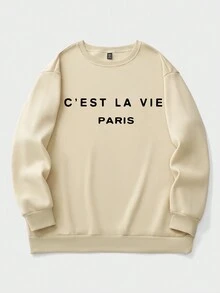 Calvaya 加大碼字母印花下垂肩運動衫 - 卡其色 - 查看 3