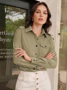 Anewsta 純色正面紐帶襯衫 - 灰色 - 查看 6