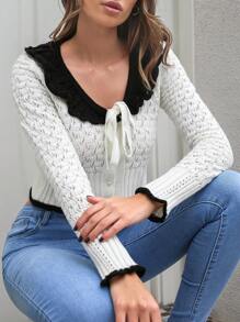 RueChic Contrast Trim Statement Collar Knot Front Pointelle Knit Cardigan - White - View 3