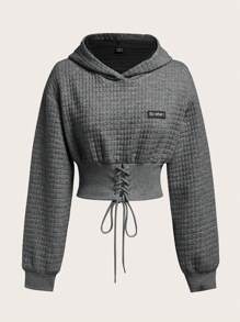 SHEIN EZwear 休閒繫帶 貼布 金屬氣眼字母 純色女士衛衣 - 深灰色 - 查看 1