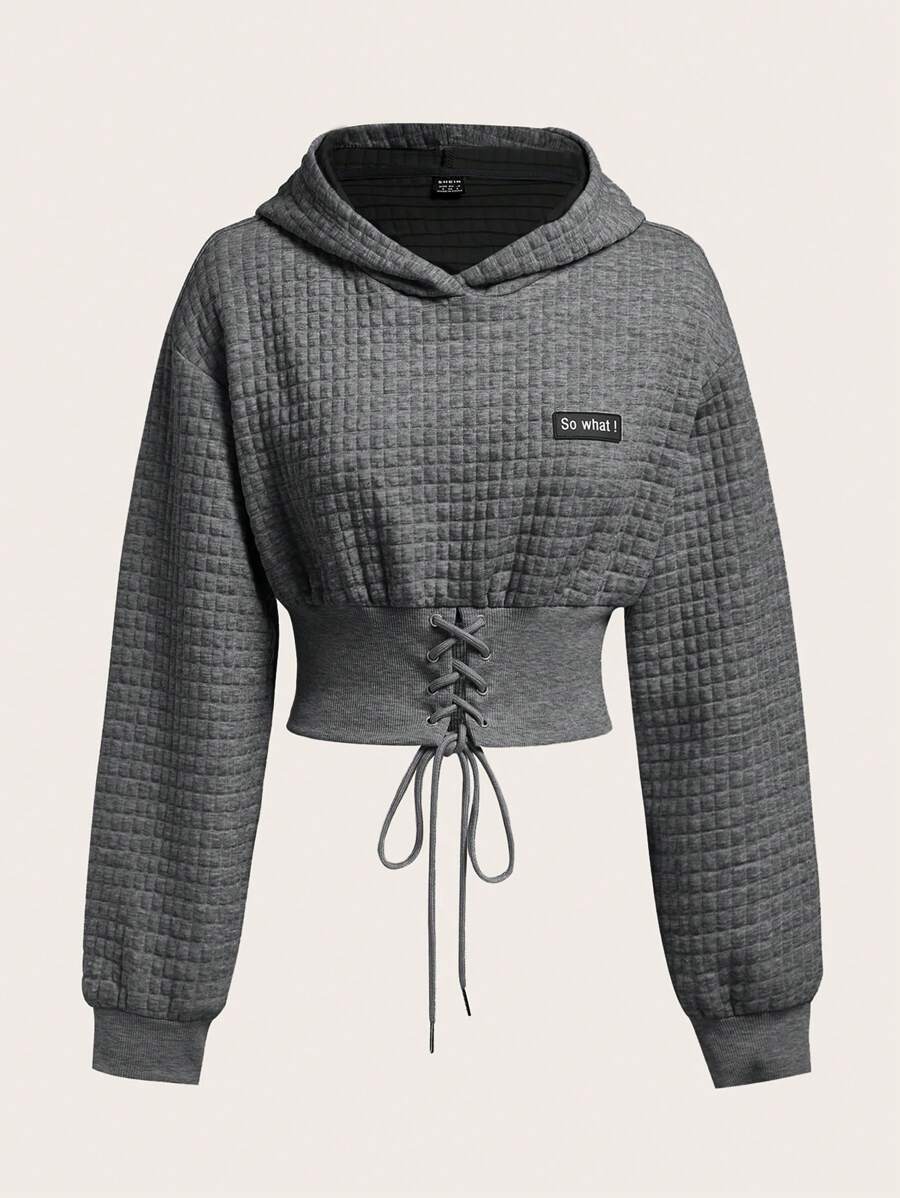 SHEIN EZwear 休閒繫帶 貼布 金屬氣眼字母 純色女士衛衣 - 深灰色 - 查看 1