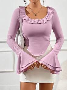 SHEIN Privé Xếp li Viền ren Tay áo chuông Áo thun Với Lớn Tròn Đường viền cổ áo - Hồng - Xem 5