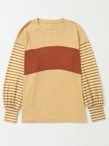 Acelitt Striped Color Block Bishop Sleeve Casual Loose T-Shirt - Khaki - View 6