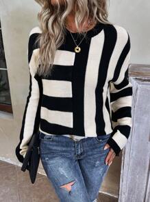 SHEIN LUNE Mẫu sọc Tay áo kèn  Áo len - màu đen - Xem 3